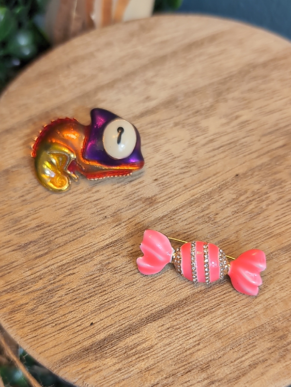 Colorful Chameleon Pin and Pink Candy Brooch Set - Picture 2 of 8